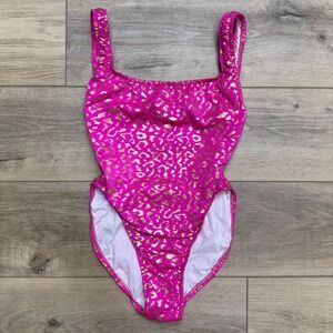 Ujena Vintage 90s One Piece Swimsuit Pink Metallic Leopard High Cut Low Back